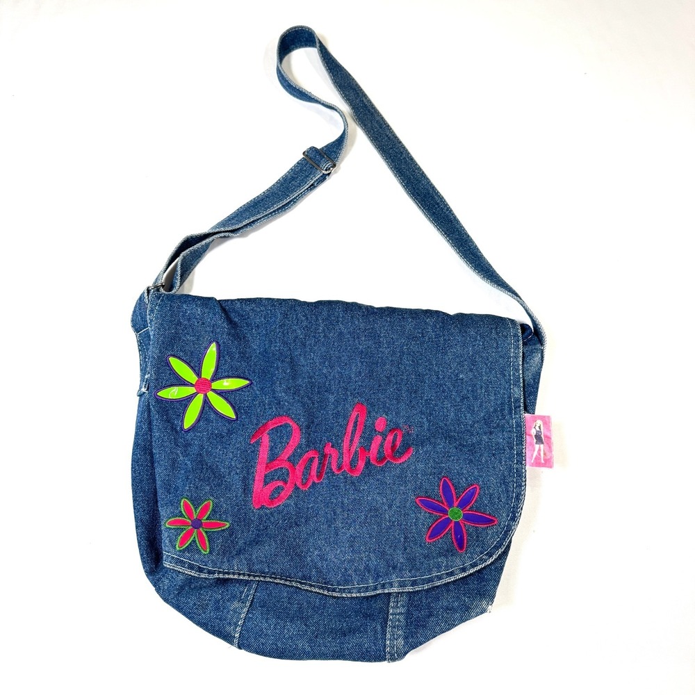 VTG 1999 Mattel Blue Denim Barbie Messenger Bag Decorated Embroidered Flowers